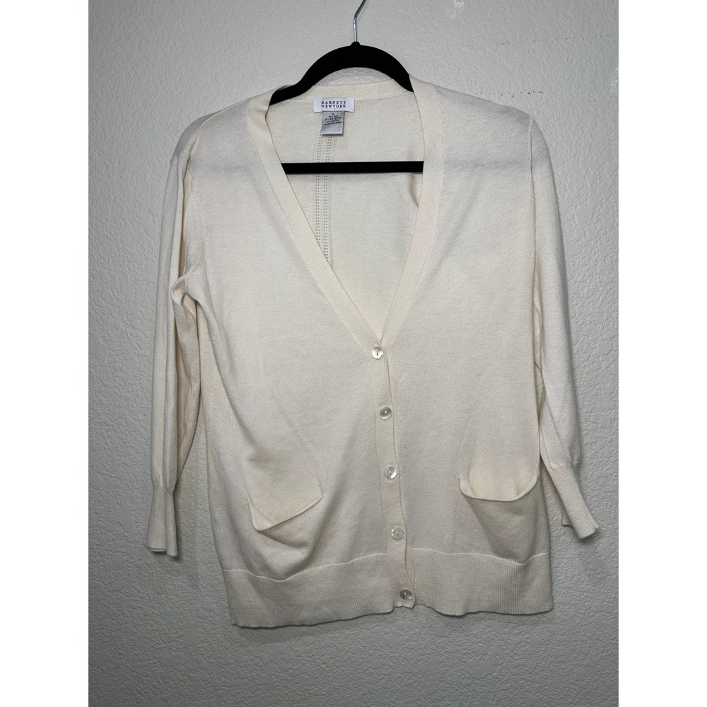 Barneys New York Silk Blend V-Neck Cardigan Cream Pointelle‎ Back Pocket Large
